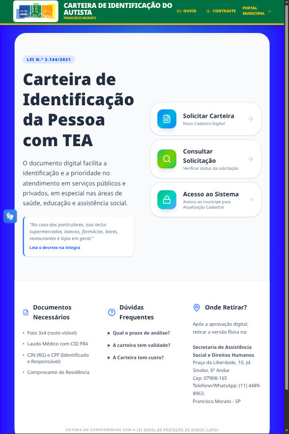 Portal inicial — onde o munícipe inicia a solicitação ou consulta o status pelo CPF/CRNM.