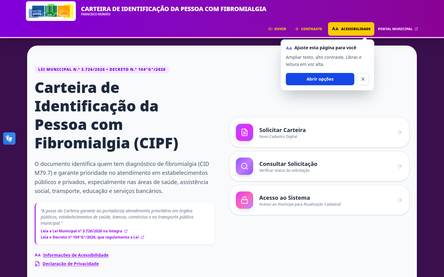 Portal inicial — solicitar carteira, consultar solicitação ou acessar o sistema.