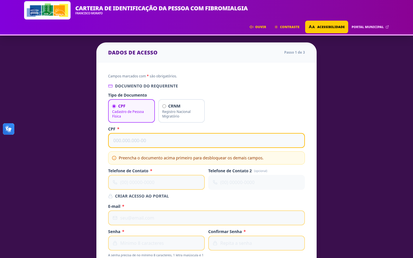 Assistente de solicitação — passo 'Dados de Acesso' (CPF, telefone, e-mail, senha).