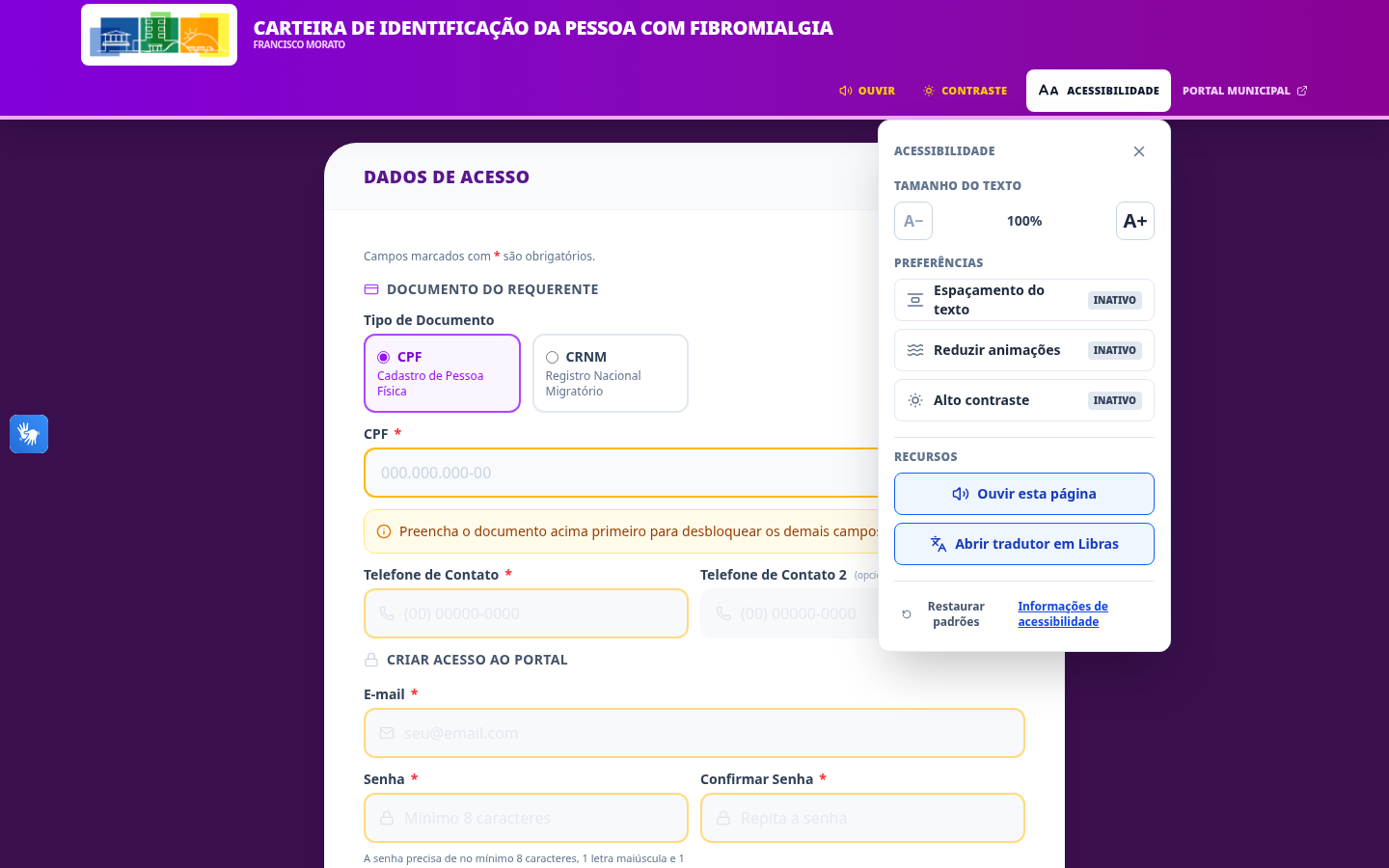 Painel de acessibilidade — tamanho de texto, espaçamento, alto contraste, leitor de página e tradutor de Libras.