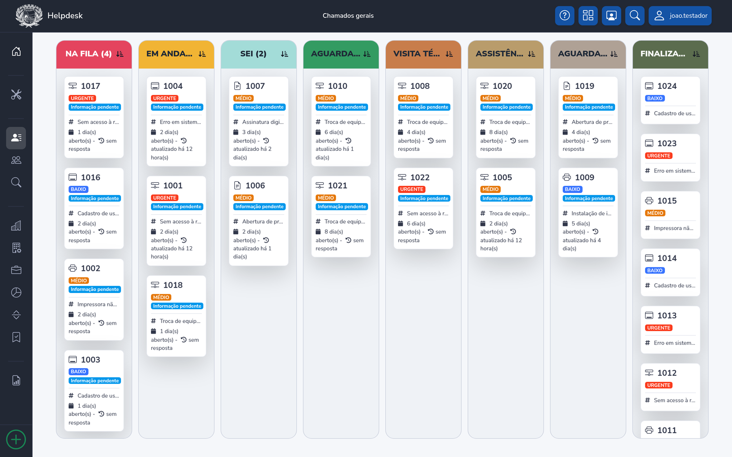 Modo kanban ajustado à tela: as oito filas dividem a largura da janela, sem rolagem horizontal.