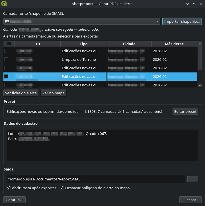 Diálogo principal — selecionar alertas, resolver preset, editar cadastro e gerar PDF.
