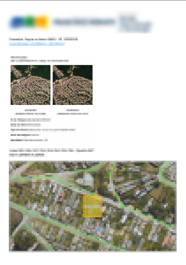 PDF gerado: logo institucional, ficha SMAS, cadastros agrupados e mapa com polígono destacado.
