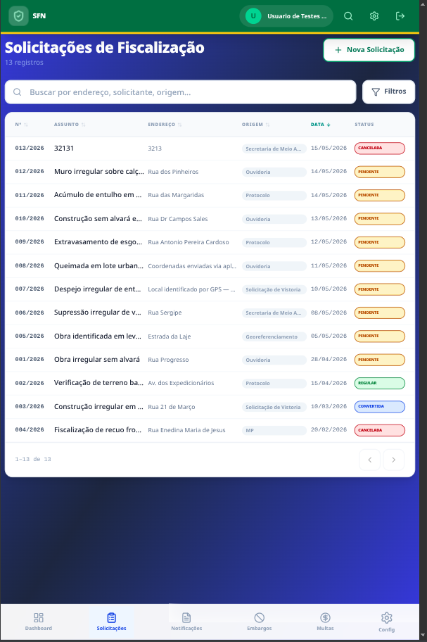 Wizard de Nova Notificação — busca por inscrição, proprietário ou endereço composto (rua + número).