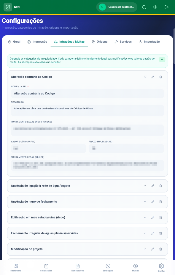 Configurações · Infrações/Multas — categorias de irregularidade com fundamento legal, valor diário e prazo em U.F.M.