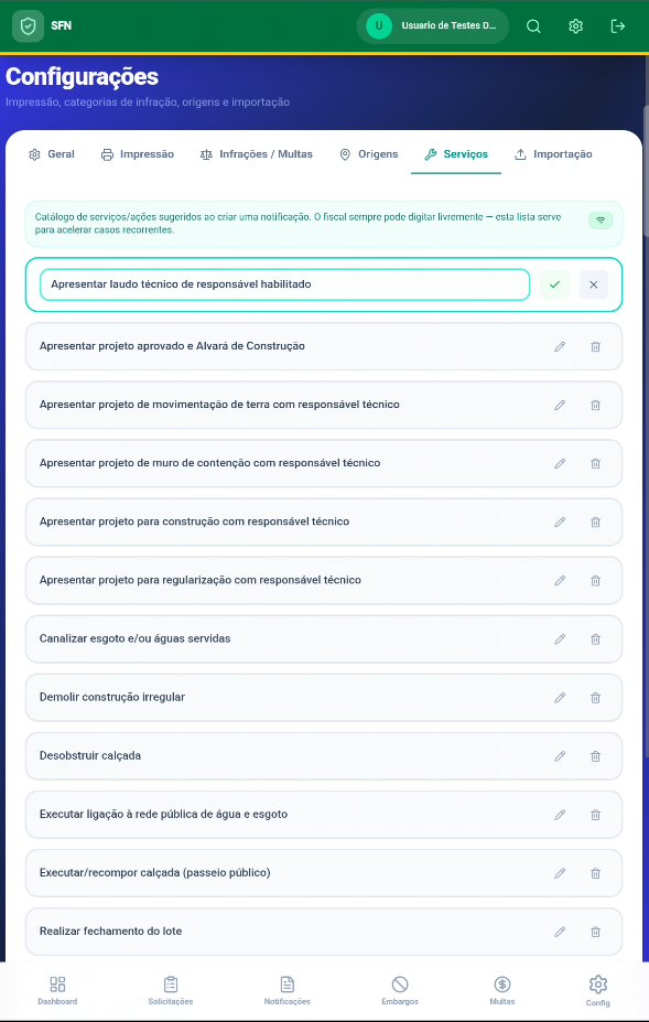 Configurações · Serviços — catálogo de serviços sugeridos ao criar a notificação.