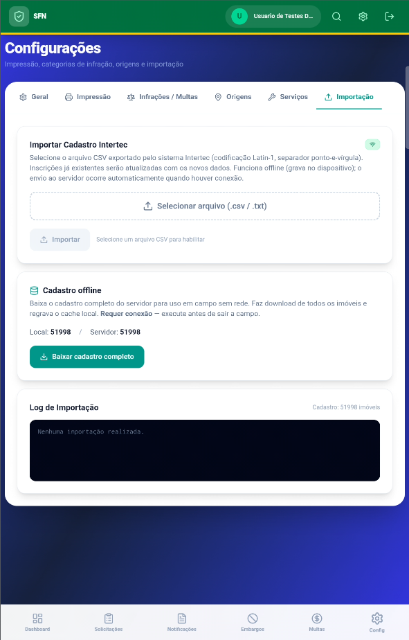Configurações · Importação — import do cadastro imobiliário (CSV do provedor municipal) e download do cadastro completo para uso offline.