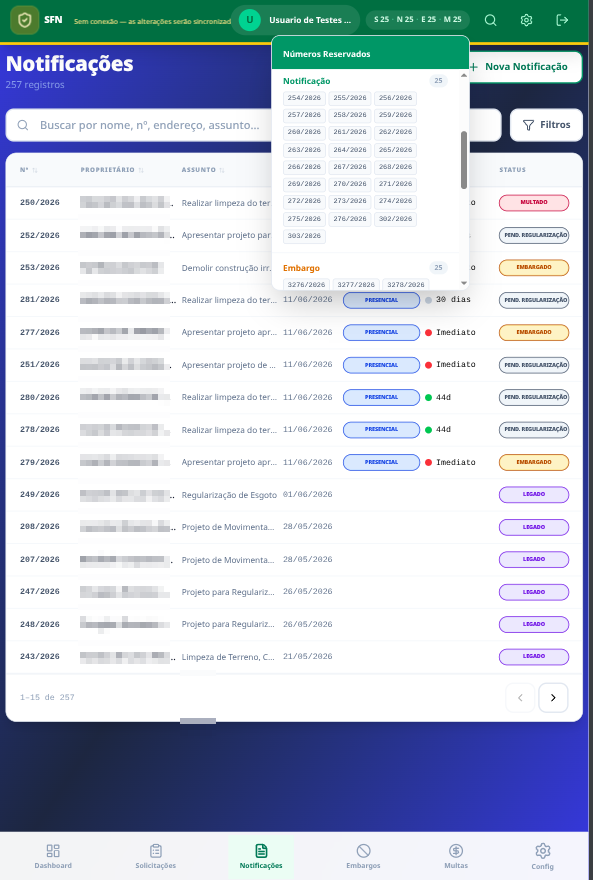 Numeração oficial reservada em campo — blocos de números por tipo de procedimento para criação offline.