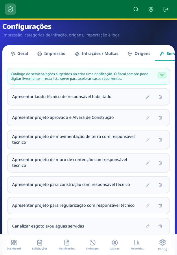 Configurações · Serviços — catálogo de ações sugeridas na criação da notificação.