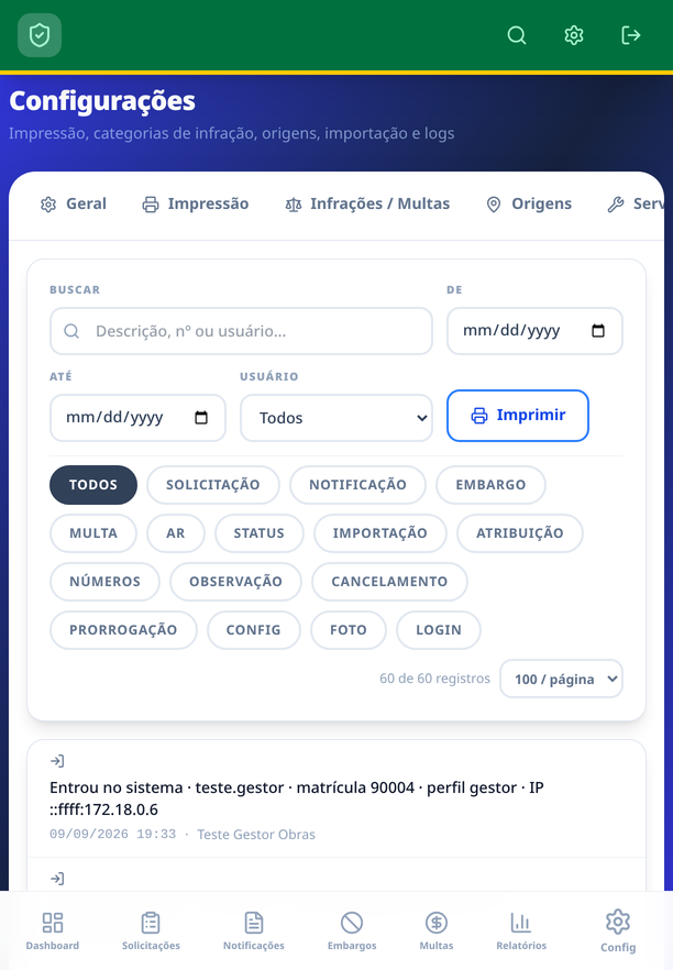 Configurações · Logs — trilha de auditoria filtrável por tipo de evento, período e usuário.