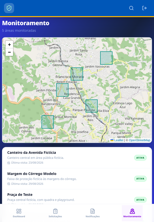 SFAP (Área Pública) · Monitoramento — áreas fiscalizadas periodicamente em mapa Leaflet, com a data da última visita.